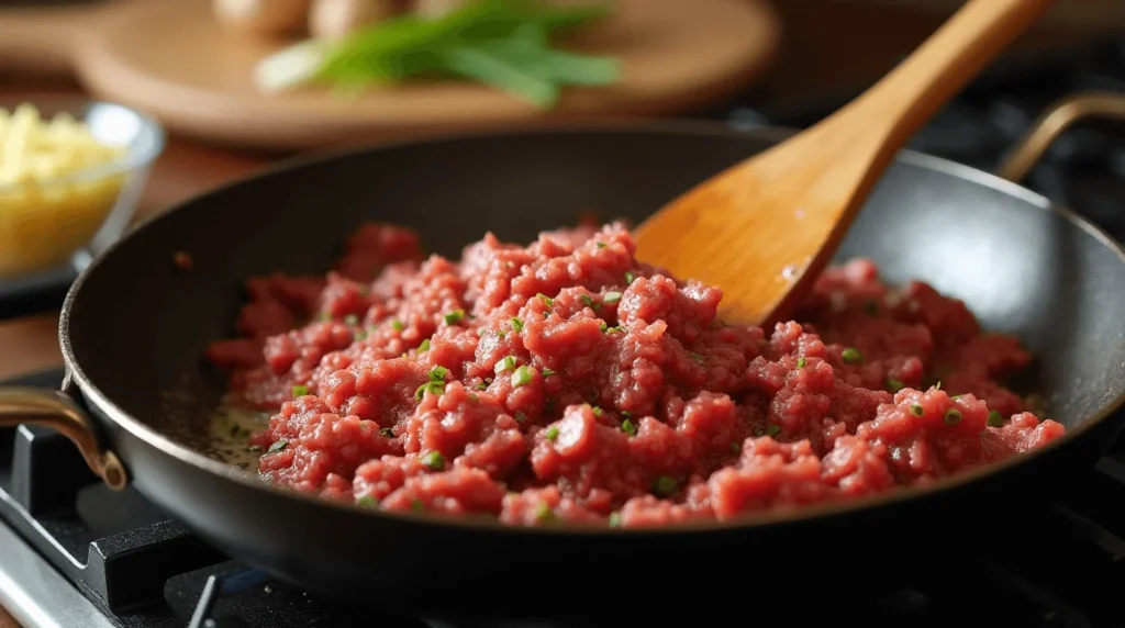 Image of cooking ground beef in a skillet for Mongolian Ground Beef Noodles, with garlic and ginger in the background.